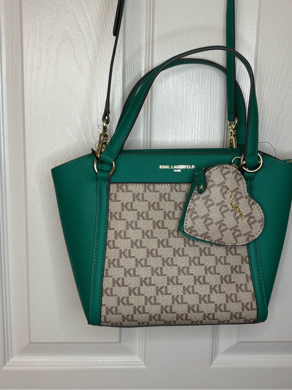Karl Lagerfeld Teal and Beige Logo-Panel Satchel with Heart Charm